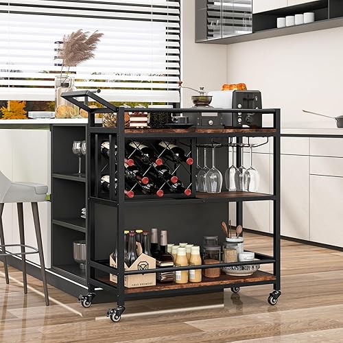 GOPLUS Desserte Cuisine à roulettes, Chariot de Service Roulant à 3 Niveaux avec Supports à Verres à Pied, Casier à Vin, Poignée ratique, pour Cuisine, Salle à Manger, Salon(Noyer) - Nail Gallerys