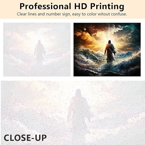 TISHIRON Kit de peinture par numéros Jésus - Figurine de Jésus sur l'eau sur un beau coucher de soleil - Peinture par numéros pour adultes avec pinceaux et pigments, 40 x 50 cm, sans cadre - Nail Gallerys