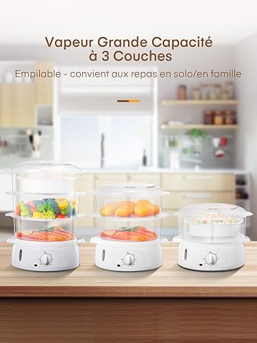 FOHERE Cuiseur Vapeur Électrique, Cuiseur Vapeurs 3 paniers (9 L) avec minuterie, Cuisson vapeur cuisine pour légumes, viande, sans BPA, Protection anti-brûlure sèche, Lave-vaisselle, 800W - Nail Gallerys