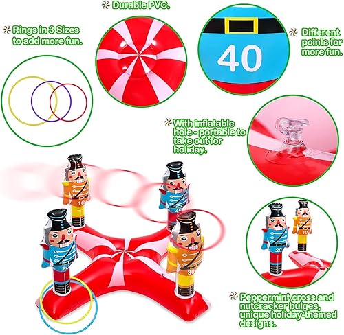 KAHEIGN Jeu de Lancer D'anneaux de Casse-Noisette Gonflable de Noël, 79cm x 34cm Casse-Noisette Gonflable avec 8 Pièces 3 Tailles Anneaux en Plastique pour Noël Fête Vacances Famille Amusement Jeux - Nail Gallerys