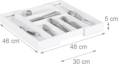 Relaxdays 10023244, Blanc Boîte à Couverts Tiroir, Extensible, Largeur Variable, 5-7 Casiers, Organiseur Bambou, HLP 5x48x46cm - Nail Gallerys
