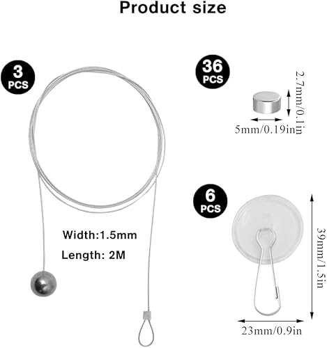 Sixfolo 3 Pcs Cable Acier Photo avec 36 Aimants Ronds 2m*1,5mm Porte Photo Fil de Fer Fil pour Suspendre Photo avec 6 Crochets Collants Câble MéTallique en Acier INOX pour Mur Photo Carte Postale - Nail Gallerys