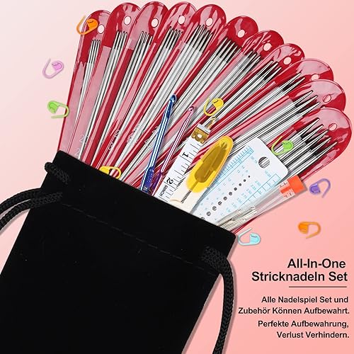 Coopay Lot de 55 aiguilles à tricoter à double pointe en acier inoxydable avec accessoires et sac de rangement - 2,0 à 6,5 mm - Jeu d'aiguilles à tricoter en métal - 20 cm - Courtes et droites pour - Nail Gallerys