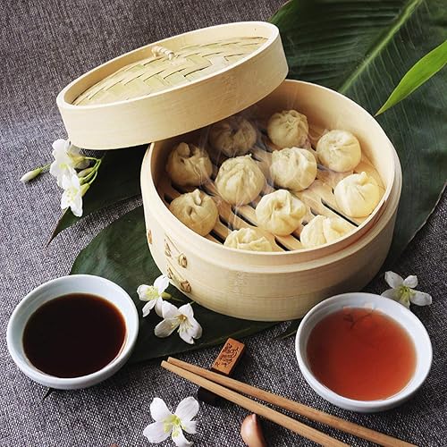 HANHAN Cuiseur vapeur en bambou naturel, panier vapeur à vapeur 2 niveaux avec couvercle, idéal pour les avions, légumes et dim Sum (21 cm) - Nail Gallerys
