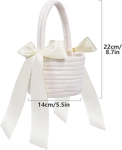 Panier en coton pour fille de mariage blanc avec anse et rubans pour pétales de fleurs - Nail Gallerys