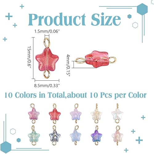 HOBBIESAY 100 10Couleur breloques en Forme D'Étoile en Verre 15mm Colorées Petites Perles Forme D'Étoile Breloques en Cristal Transparent Connecteur Forme D'Étoile pour Fabrication Bijoux Trou:1.5mm - Nail Gallerys