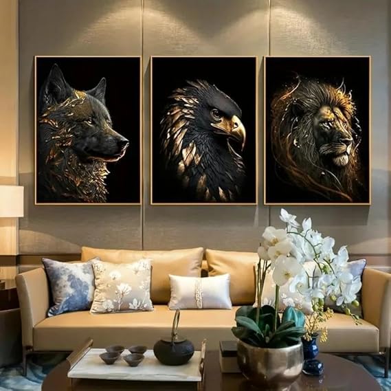 Muholin Lot de 3 affiches représentant un loup doré,un aigle doré,un lion,une toile murale,pour décoration de salon ou de chambre à coucher 50x70cmx3 sans cadre - Nail Gallerys