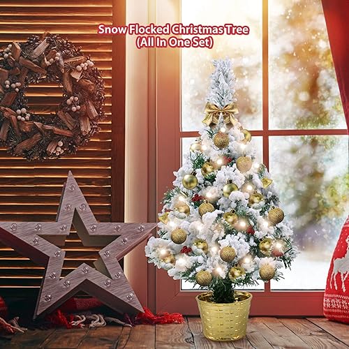 Petit Sapin de Noël Lumineux 50 cm - Mini Sapin de Noël Artificiel floqué de Neige - avec éclairage à Piles et Boule de Noël - pour Noël,Maison, décoration de Table de Salle à Manger - Nail Gallerys