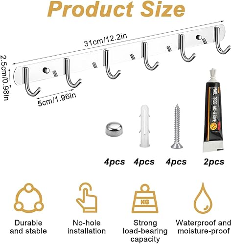 2 Pièces Porte Manteau Mural avec 6 Crochets, 31cm Porte Manteau Acier inoxydable, Multifonctionnels Porte Manteau Mural Patere Murale, pour Cuisine, Salle de Bain et Chambre - Nail Gallerys