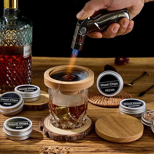 Coffret Fumoir à Cocktail avec Chalumeau (sans gaz), 6 copeaux de bois, 6 pierres à whisky en granit, 2 moules à glace silicone, pince – Cadeau homme, papa, Noël, anniversaire, fête des pères - Nail Gallerys
