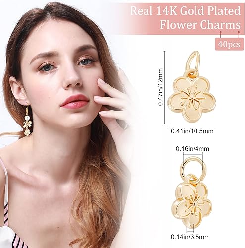 Beebeecraft 1 boîte 40pcs 14K Plaqué Or Fleur Breloques Fleur de Pêcher Pendentifs à Breloque avec Anneaux de Saut pour Bracelet à Bricoler Soi-Même Collier Porte-Clés Fabrication de Bijoux - Nail Gallerys