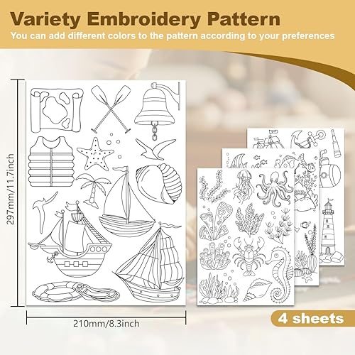DOODLREAM Lot de 38 stabilisateurs de motif de broderie d'éléments de l'océan, 21 x 29,7 cm, bâton soluble de créature marine et autocollant de broderie, 4 feuilles d'herbe de mer, voilier, eau - Nail Gallerys