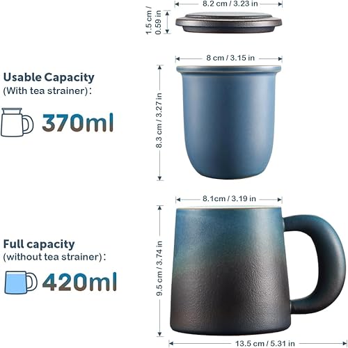ecooe Tasse à thé avec infuseur à thé et couvercle, 420 ml(Pleine Capacité) Grandes tasses à thé en céramique avec passoire en acier inoxydable - Bleu Noir - Nail Gallerys