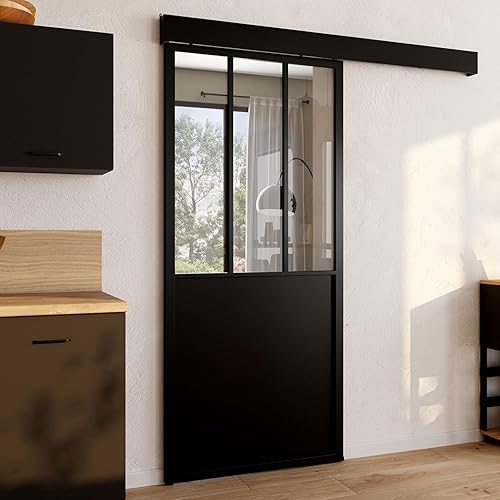 IDMarket - Kit Porte coulissante verrière Verre trempé 93 cm en métal + MDF avec Rail et Fixations - Nail Gallerys