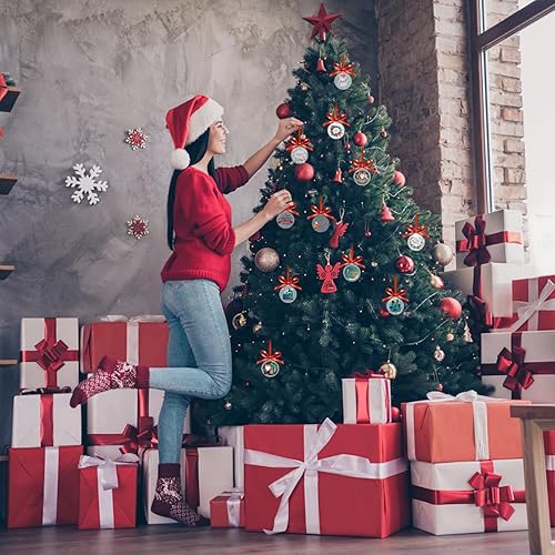 Lot de 50 ébauches d'ornements en acrylique et 50 autocollants - Ornements de Noël DIY - Avec un rouleau de rubans rouges pour décoration de sapin de Noël (7,5 cm) - Nail Gallerys