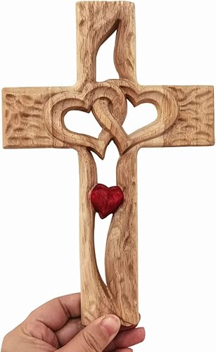 Xuanxi Croix en bois sculpté avec cœurs entrelacés - Décoration murale - Croix religieuse chrétienne - Décoration d'église - Croix en bois - Nail Gallerys