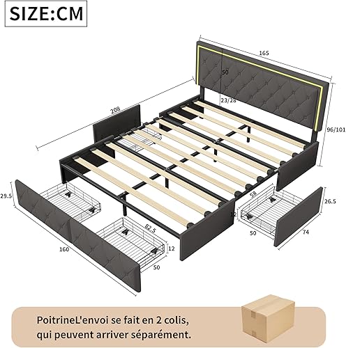 LONELYO ​Lit Double 160x200 cm en Velours Beige avec Sommier à Lattes, Éclairage LED, Ports USB Type-C, Tête de Lit Capitonnée avec Rangement et 3 Tiroirs, Idéal pour Adultes et Adolescents - Nail Gallerys
