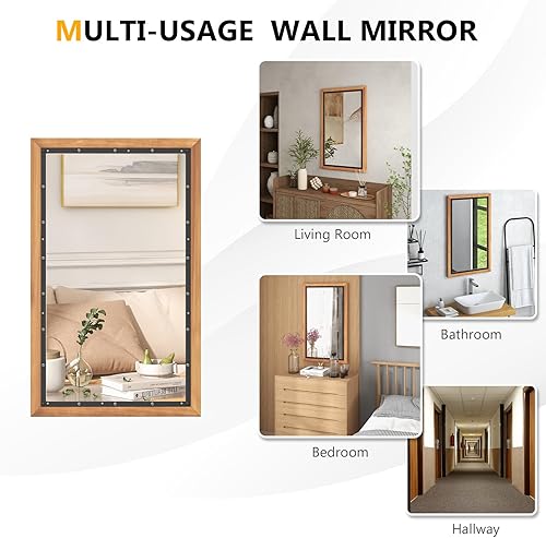 HOMASIS Miroir mural rectangulaire - 55 x 90 cm - Avec cadre en bois et crochets - Miroir suspendu rustique - En bois incassable - Pour couloir, salon, chambre à coucher - Marron - Nail Gallerys