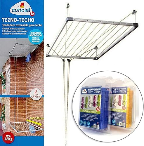 Bricolemar - Séchoir de plafond Cuncial Tezno-Techo avec manivelle pour monter et descendre + 40 pinces incassables, pack monobloc - Nail Gallerys