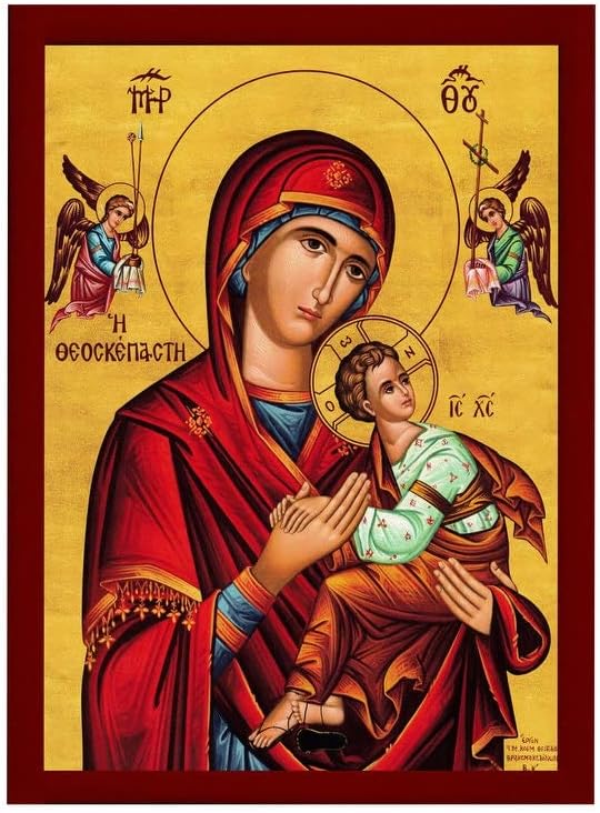 Icône de la Vierge Marie Panagia Theoskepasti Santorini, Icône grecque orthodoxe Mère de Dieu Art byzantin Theotokos Plaque murale en bois à suspendre 40 x 50 cm - Nail Gallerys