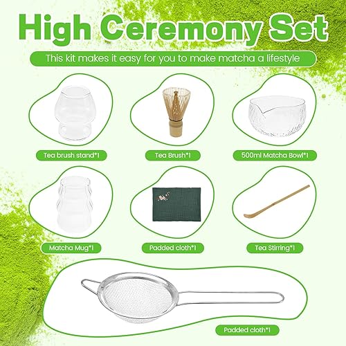 Lot de 7 accessoires à thé matcha, en verre transparent, fouet, porte-balai, passoire, cuillère à café, serviette à thé pour les amateurs de thé (A) - Nail Gallerys