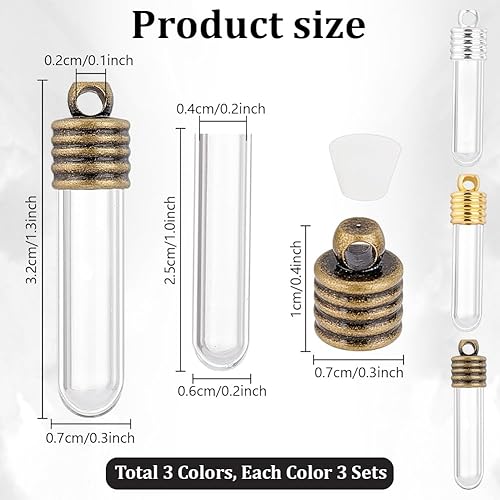 PH PandaHall 9 Ensembles Bouteille en Verre Transparent Pendentif Suspendu Colonne Riz Art Bouteilles de Vœux avec 3 Couleurs Bouchon Flacon Tube Pendentifs pour la Fabrication de Colliers 3.2cm - Nail Gallerys