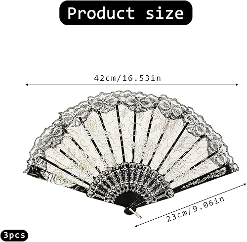 CavspkArt Lot de 3 éventails pliants en dentelle pour femme, motif rose, éventails à main chinois vintage en dentelle pour mariage, cadeaux, décorations de fête (A) - Nail Gallerys