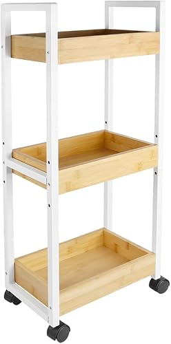 LANTUS Étagère Mince de Salle de Bains, Gain de Place, Bambou, Chariot de Rangement à 3 Niveaux sur roulettes,Étagère Debout 3 paniers dim. 30L x 20l x 80H cm-Blanc - Nail Gallerys