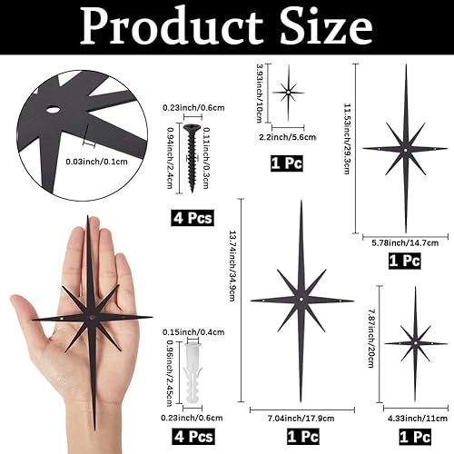 CREATCABIN 4 pièce Décoration Murale Métal Noir Style Étoile Moderne Milieu Siècle Sculpture Rétro 8 Branches Étoiles Atomiques Décoration Céleste Suspendre pour Maison Chambre Bureau Ou Salle Bain. - Nail Gallerys
