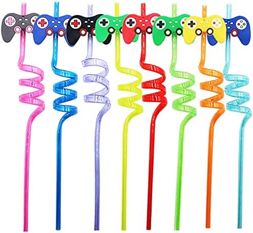 Lot de 16 pailles réutilisables en plastique pour jeu vidéo - Fournitures de fête d'anniversaire, de Noël, jaune, orange, bleu, vert, rose, violet - Nail Gallerys