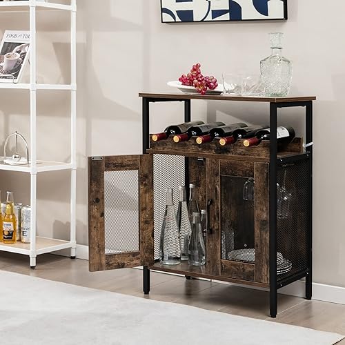 Giantex Meuble de Bar à Vin, Buffet Industriel avec Porte-Bouteilles et Porte-Verres à vin Amovible, Meuble de Rangement avec Porte en Métal Grillagé, Idéal pour Salon, Cuisine, Salle à Manger - Nail Gallerys