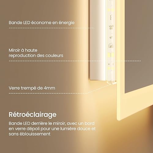 EMKE Miroir Salle de Bain LED 120x60 cm, Miroir avec Éclairage Blanc Froid, Miroir Mural avec Interrupteur Tactile, IP44, Économe en Énergie, Miroir Lumineux - Nail Gallerys