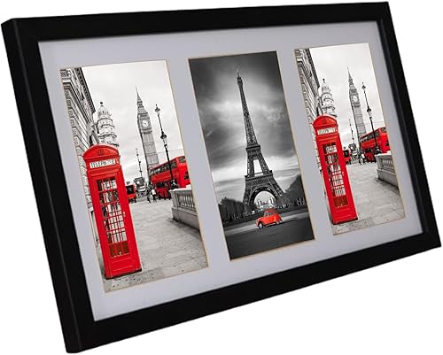 BD ART Cadre photo 18 x 35 cm, pour trois photos, avec passe-partout, 10 x 15 cm, blanc, en bois MDF, moderne, à accrocher au mur ou à placer sur une armoire - Nail Gallerys