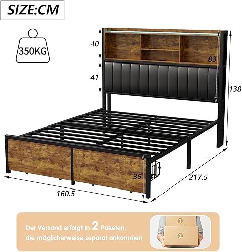 Lit 160x200 avec LED et 2 USB, Type-C, lit Double avec 4 Tiroirs de Rangement, Lits 2 Personnes Lits Rembourré avec tête de lit et éclairage LED, Sommier à Lattes(sans Matelas) (Beige, 160x200 cm) - Nail Gallerys