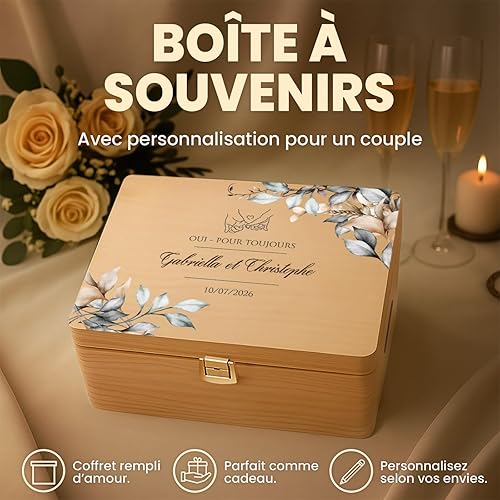 Maverton Boite a Souvenir Personnalisable - Cadeau Personnalisé pour couple - L/XL Boite de Rangement avec Couvercle en Bois de Pin Naturel - Cadeau Mariage Anniversaire Amoureux - Nail Gallerys