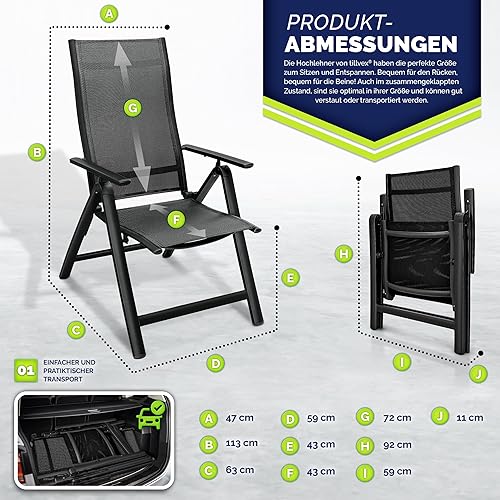 tillvex Chaise de jardin pliable en aluminium, 1 pièce, à dossier haut avec accoudoirs, chaise pliante réglable, pour balcon, jardin, terrasse, noire - Nail Gallerys