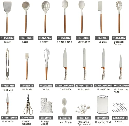 Lot de 31 ustensiles de cuisine résistants à la chaleur avec poignée en bois en silicone avec support, spatule, cuillères, tourneur, pinces, couteaux, gadgets de cuisine antiadhésifs - Nail Gallerys