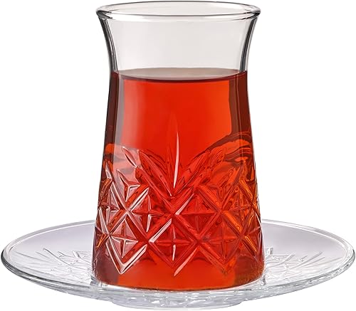 Pasabahce Lot de 12 tasses à thé turques en cristal avec soucoupes, 6 tasses et 6 assiettes, parfaits pour les goûters, les cadeaux, les pendaisons de crémaillère, les mariages, les anniversaires - Nail Gallerys