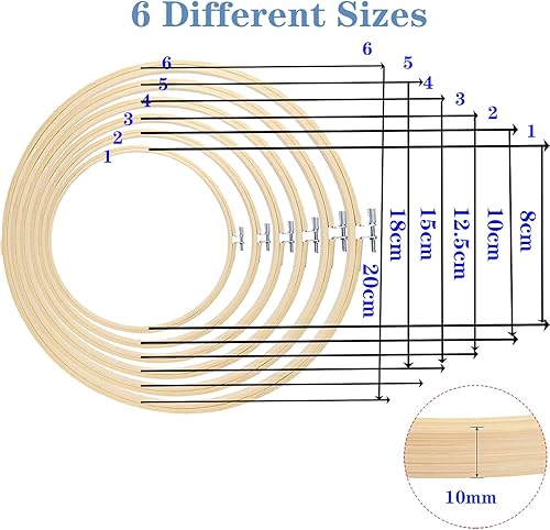 6 Pcs Cerceaux à Broder en Bambou 8 cm, 10 cm, 12.5 cm, 15 cm, 18 cm e 20 cm Cercles à Broder, Broderie Hoop Croix Bambou Cercle Point Hoop Anneau, Pour Travaux Manuels, Couture et Ornements (8-20cm) - Nail Gallerys