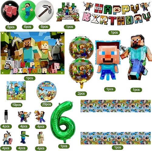 81pcs Deco Anniversaire Minecr 6 ans, Decoration Fête Du Jeu Enfants, Décoration de Gâteau, Ballon Minecr Anniversaire Bannière Nappe - Nail Gallerys