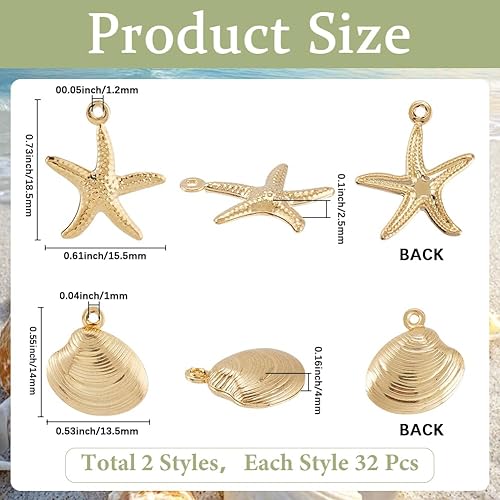 SUNNYCLUE 1 boîte de 64 breloques Étoiles de Mer et Coquillages en Acier Inoxydable 2 styles Breloques de Plage en Vrac Style Bohème Été Métal Doré Pendentifs Océan pour la Fabrication de Bijoux Fourn - Nail Gallerys