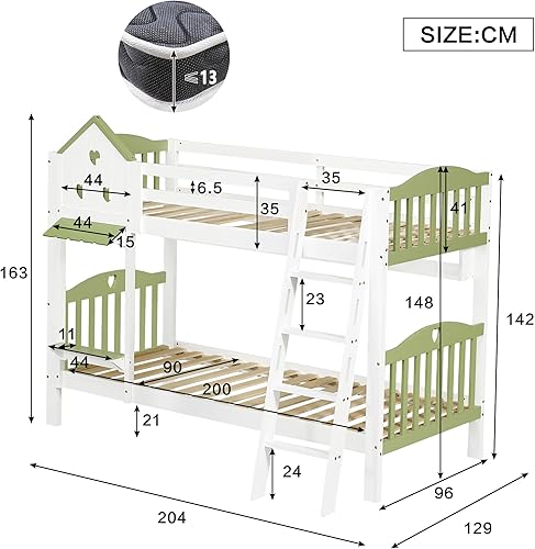 Zepneiy Lit Cabane 90x200 avec Toit et fenêtre, Lit Superposé 2 Places avec échelle rectangulaire et Toboggan, Lit Enfant Cadre en Pin et MDF Blanc Naturel (sans Matelas) - Nail Gallerys