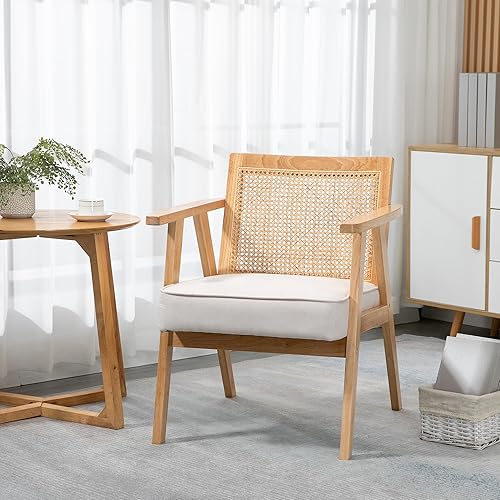 HOMCOM Fauteuil de Salon Confortable Chaise en Rotin avec Coussin épais- Dossier en cannage - Assise Profonde - Structure en Bois hévéa Aspect Lin Beige - Nail Gallerys
