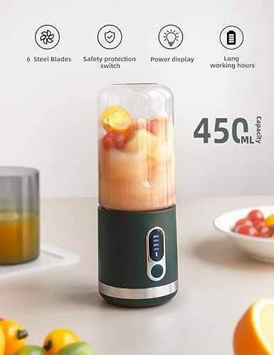 Blender Portable, Mélangeur Personnel pour Shakes et Smoothies, 3000mAh USB-C Rechargeable 450 ml Tasse à Jus avec 6 Lames et Couvercle, Mixeur Portatif pour Cuisine, Salle de Sport et les Voyages - Nail Gallerys