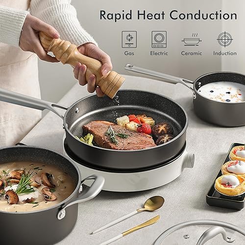 14-pièces Batterie de Cuisine en Acier Inoxydable, Casseroles avec Cuiseur Vapeur et Couvercles en Verre et Ensemble d'ustensiles, Convenant à Toutes les Cuisinières - Nail Gallerys