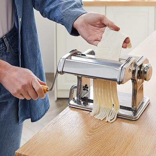 MONZANA® Machine à pâtes manuelle en acier inoxydable, 9 épaisseurs, 2 rouleaux, support de table, manivelle, spaghetti, nouilles à ruban, lasagnes, cuisine, argent - Nail Gallerys