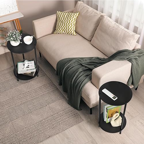LIANTRAL Lot de 2 tables basses rondes avec 2 étagères, petite table ronde, table de salon, table de chevet, table de canapé, table de téléphone, pour salon, chambre à coucher, en MDF et métal, noir - Nail Gallerys