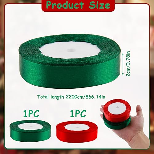 Ruban de Noël 2 Rouleaux 2CM x 22M, Satin Rouge et Vert pour Emballage Cadeau, Décorations de Mariage, Couronne et Gâteau d'Arbre de Noël - Nail Gallerys