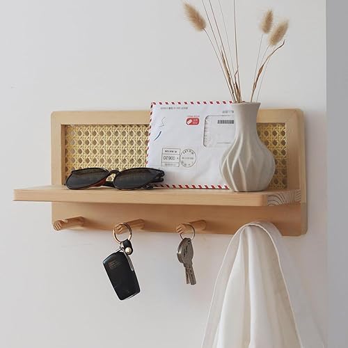 Porte-manteau mural avec étagère - Étagères pour livres d' , crochets pour rangement dans le couloir | Fond en bois dur, étagère murale en bois avec crochets, organisateur d'étagère en rotin - Nail Gallerys