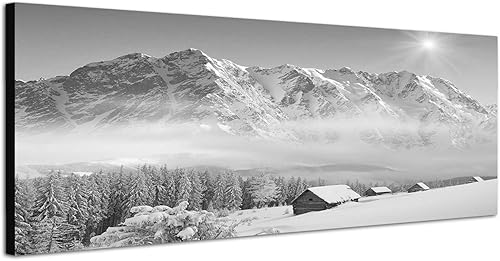 Paul Sinus Art Photo sur toile panoramique Noir/blanc 120 x 40 cm Paysage d'hiver montagnes forêt maisons neige - Nail Gallerys